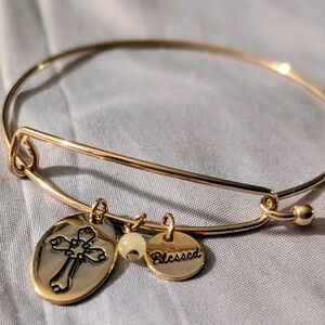 Gold 'Blessed' Cross Charm Bangle Bracelet